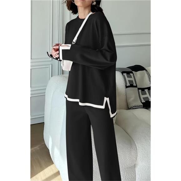 Women's 2-Piece Knit Sweater Set: Casual Long Sleeve Pullover & Wide Leg Pants - Picture 4 of 7